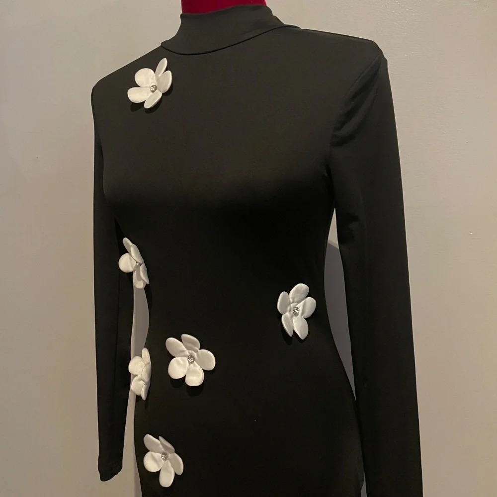 SHEIN White Floral Decor Black Stand Collar Long Sleeve Maxi Dress Size XXS - Picture 4 of 16